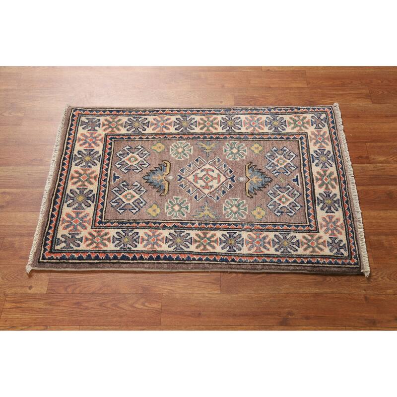 Hand Knotted Oriental 100% Wool Carpet Traditional Geometric Greys & Charcoal Kazak Area Rug - 3' 0'' X 2' 0''