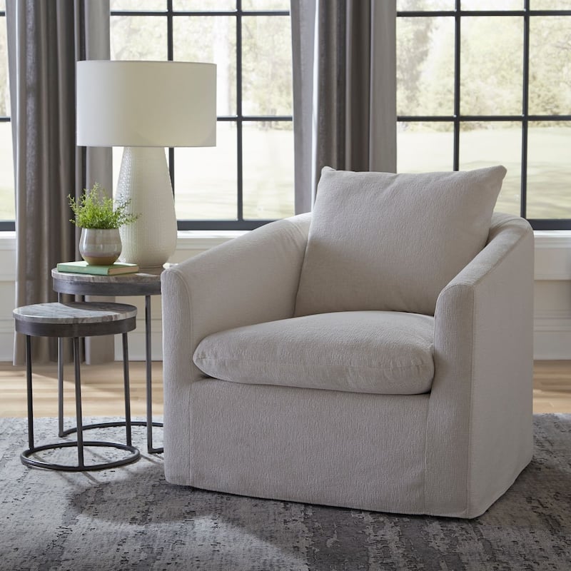 Saxton Ivory Upholstered Swivel Accent Chair - Width 35" x Depth 35" x Height 33" - Ivory