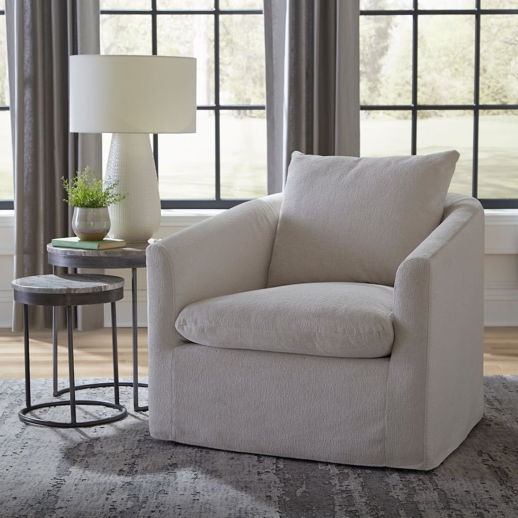 Saxton Ivory Upholstered Swivel Accent Chair - Width 35" x Depth 35" x Height 33"