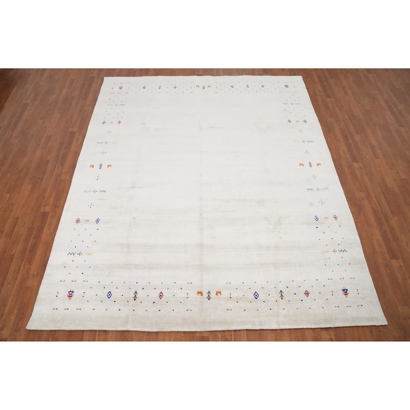 Hand Knotted Oriental Viscose Silk Carpet Tribal Animal Pictorial Beige & Ivories Gabbeh Area Rug - 9' 6'' X 8' 0''