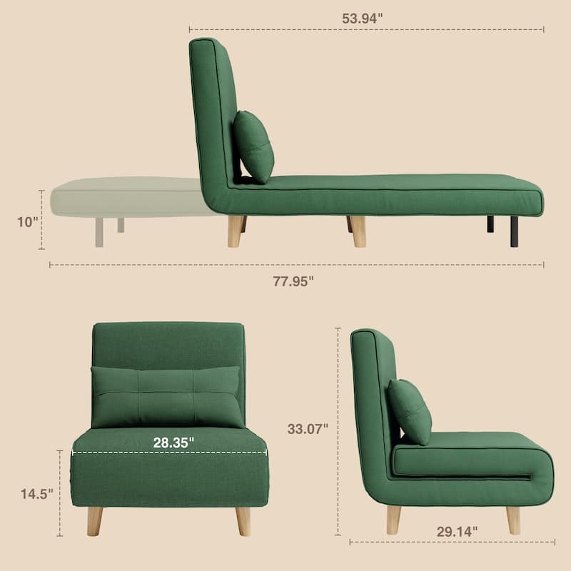 3 in 1 Convertible Upholstered Sofa Bed Sleeper Chair, Chaise Lounge Sofa, Folding Sleeper Chair, Recliner Chair with Pillow