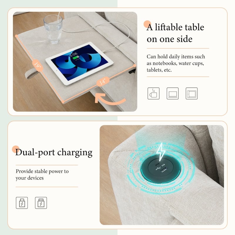 130" Modular Chenille L-Shaped Sectional Sofa with Folding Table and Dual-Port Charging, Ottoman