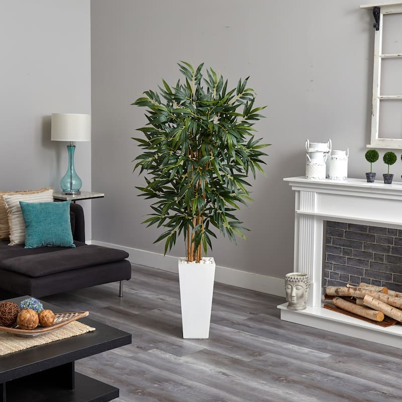 Artificial Bamboo Tree 6ft Indoor Tropical Plant in White Planter - Lush Green Foliage Home Decor - 61 Inches and Over