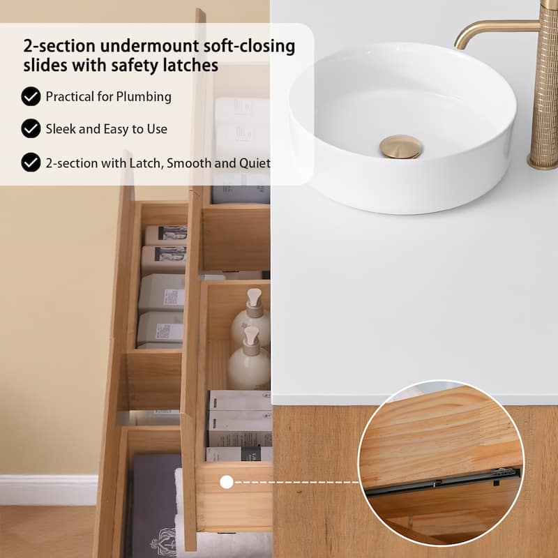 Sylphar 48 inch Toffee Oak Floating Bathroom Vanity with White Quartz Top