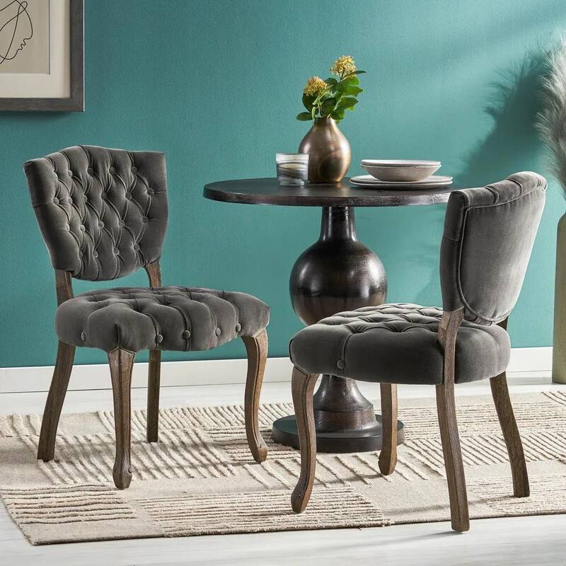 Button-tufted Velvet Upholstery Dining Chairs, European Conference Chair with Curved Legs, Wooden Accent Dining Chair, Set of 2