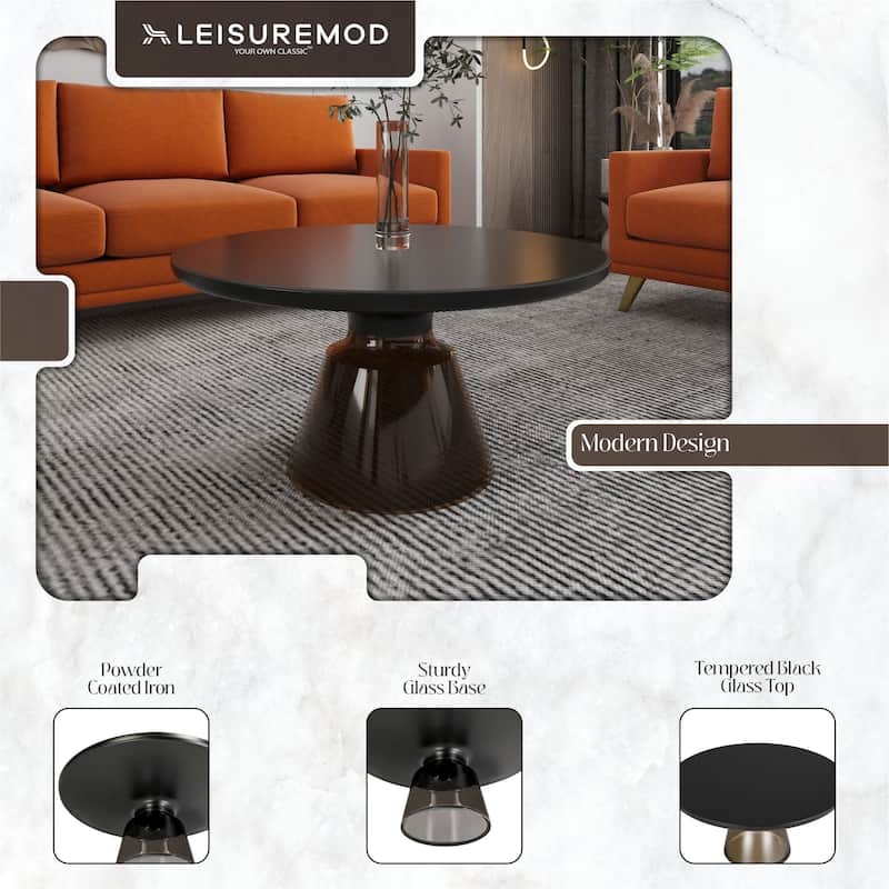 30-Inch Round Coffee Table Glass/Stone Tabletop with Black Iron Rim Frame Glass Pedestal Base