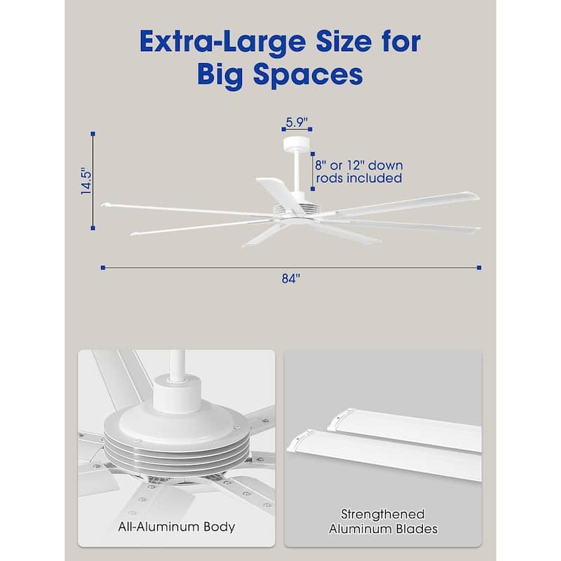 Ceiling Fan Modern 100" Industrial 7-Blade White Metal