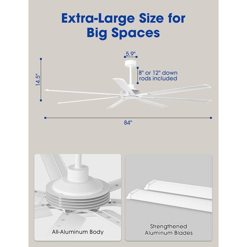 Ceiling Fan Modern 84" Industrial 7-Blade White Metal