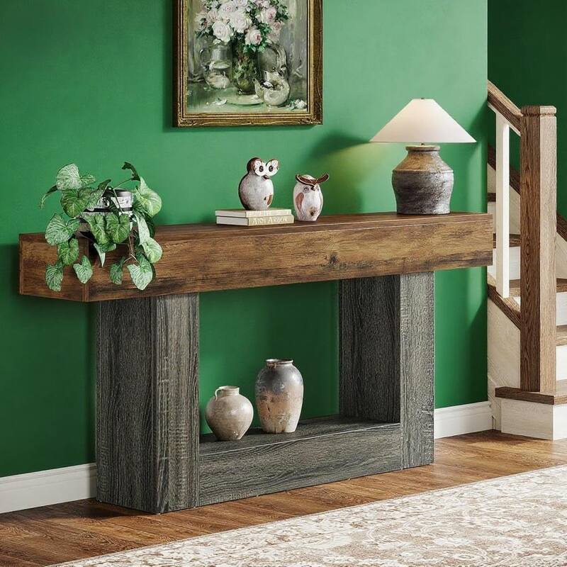 MDF Farmhouse Console Table with U-Shaped Base and Shelf - 63” L x 11.81 W x 32.28 H - Grey