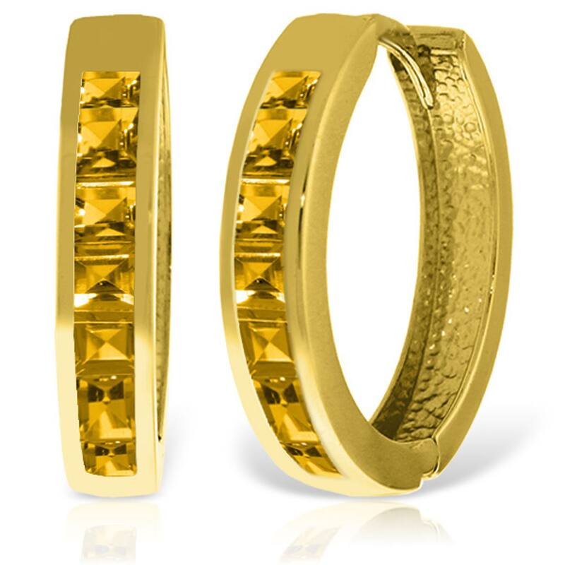 14K Solid Gold Hoop Huggie Gemstone Earrings w/ Natural Citrines - Yellow