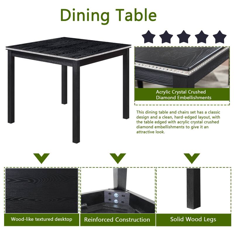 5 Piece Dining Table Set, Solid Wood Kitchen Table Set, Square Table with Crystal Decoration and 4 PU Upholstered Chairs