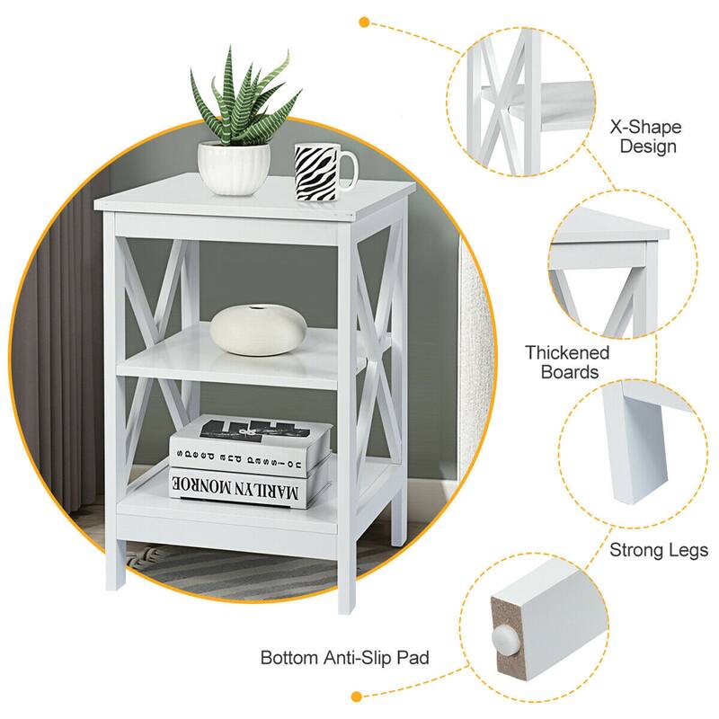 Gymax 3-Tier Nightstand End Table X Design Storage Display Shelf