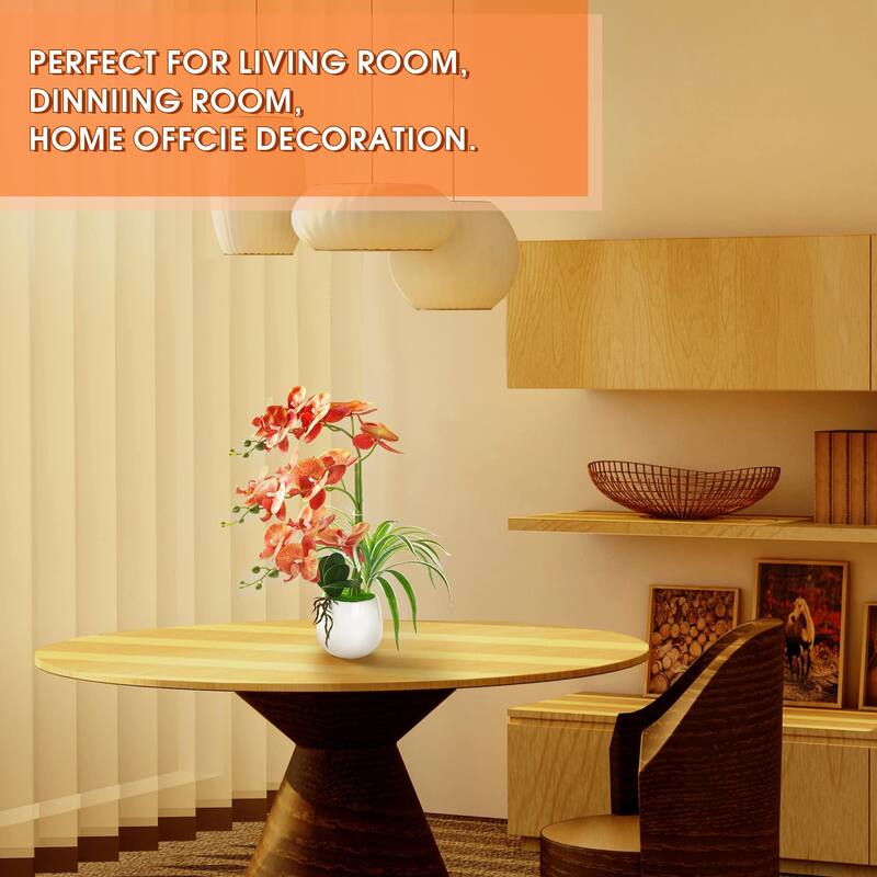 Artificial Orchid Plants and Flowers with Vase, Fake Faux Orchid in Ceramic Pot,19", Orange