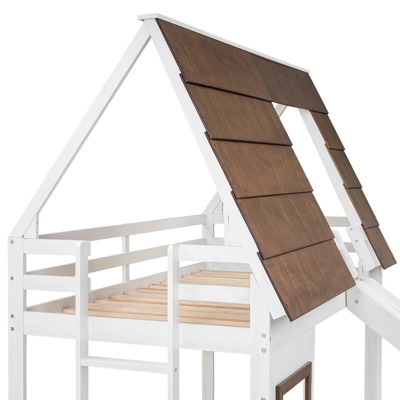 Wood House Bunk Bed with Roof