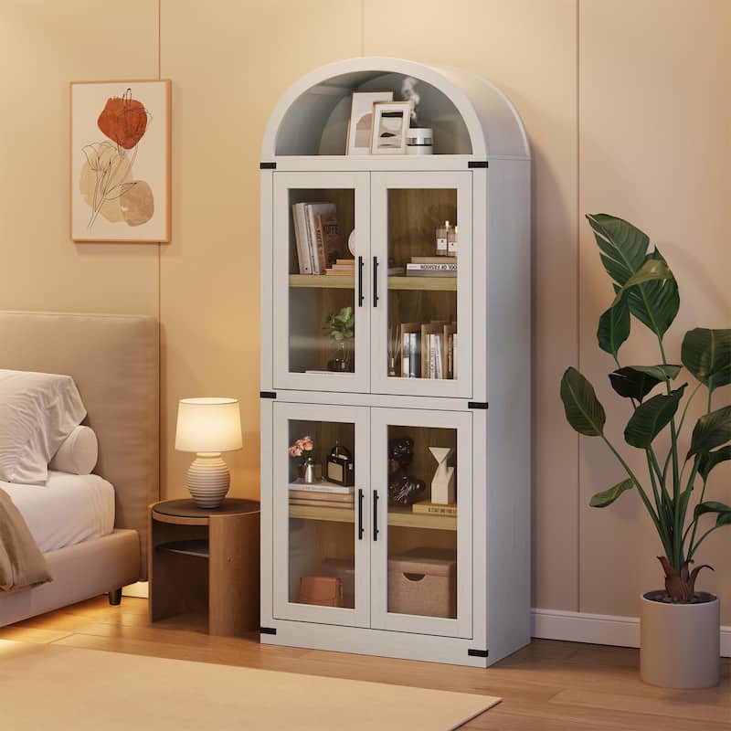 71" Tall Arched Bookshelf - Wooden Bookcase Storage Cabinet Rounded Display Storage Shelves Cabinet