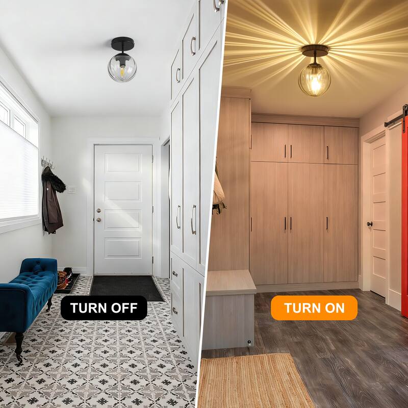 Modern Single Semi Flush Ceiling Light with Metal Base & Ribbed Gray Glass Globe Shade