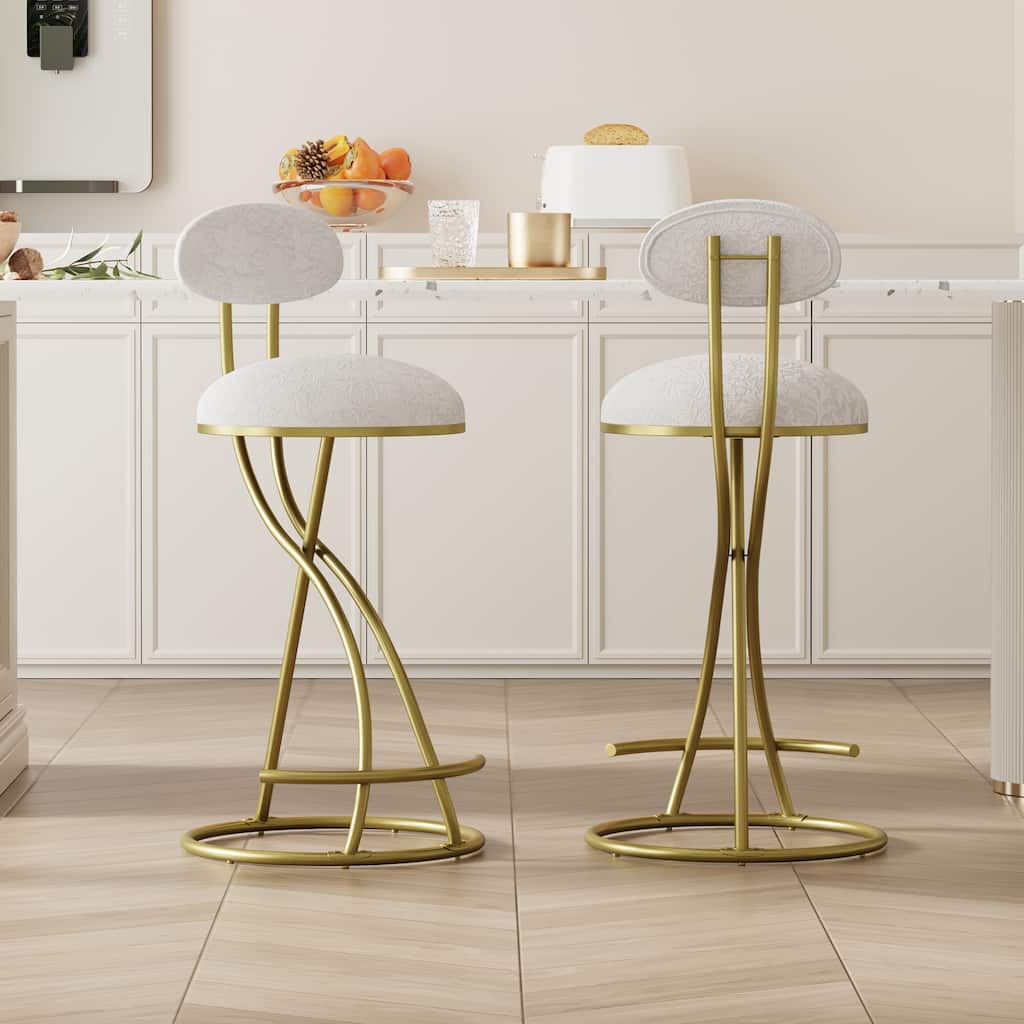 S-shaped Bar Stools Set of 2, Floral Print Upholstered Dining Chairs, Kitchen Bar Stools with Metal Frame & Footrest