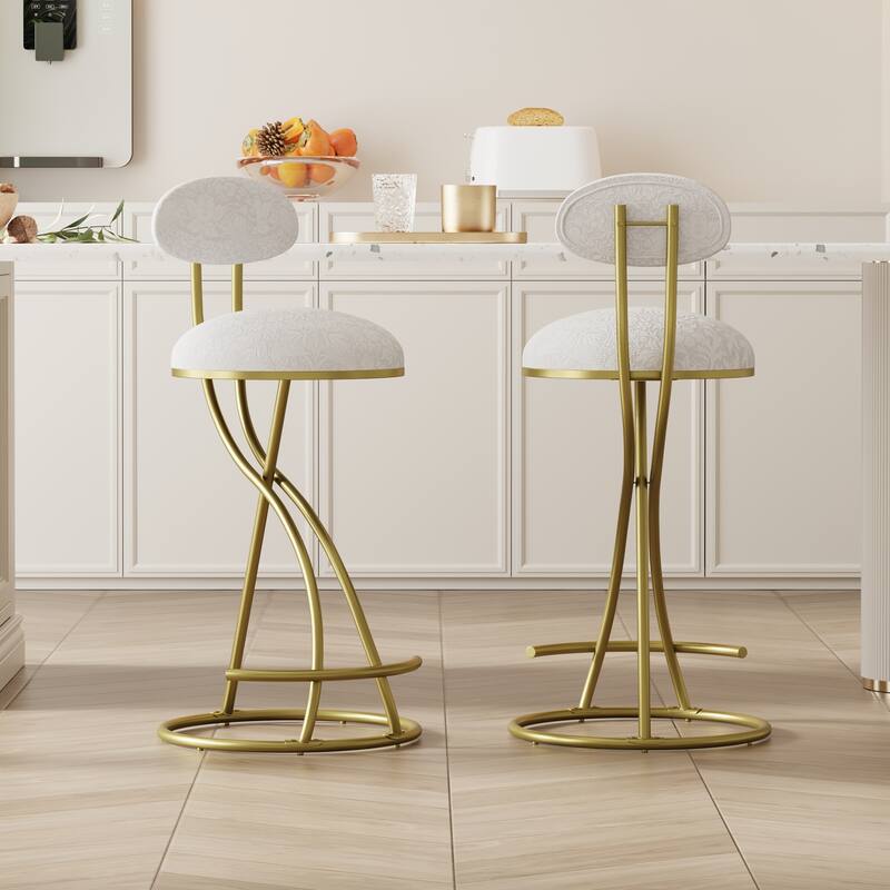 Set of 2 S-Shaped Gold Bar Stools, Floral Print Upholstered Backrest Counter Height Stools for Kitchen Island
