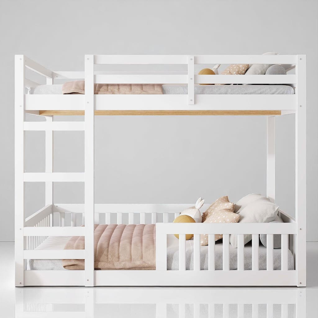 Wooden Full Over Full Bunk Bed with Safety Guardrails and Ladder, Solid Pine & MDF Construction