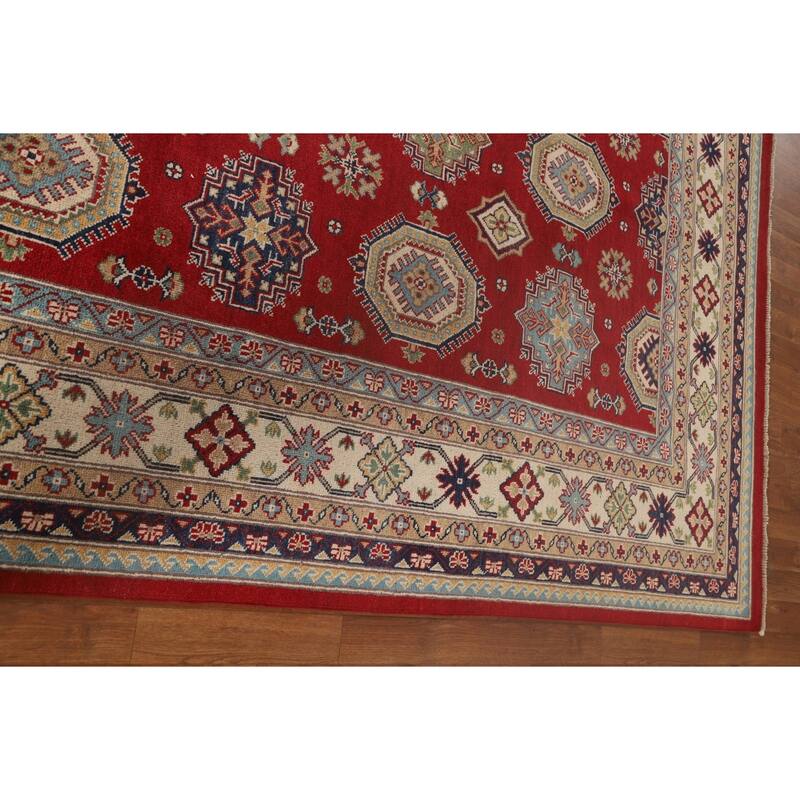 Kazak Oriental Area Rug Hand-Knotted Geometric Red Wool Carpet - 6'6"x 9'10"
