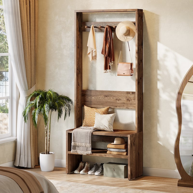 Solid Wood Hall Tree with Bench and Shoe Storage, 74.8" Tall Freestanding Coat Rack - 13.7" D x 33.4" W x 74.8" H