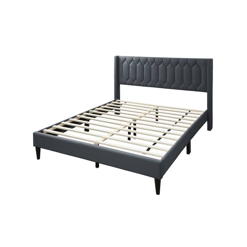 Modern Queen Size Platform Bed with Diamond Design Headboard, Charcoal Burlap Upholstered Bed Frame, Bedroom Furniture