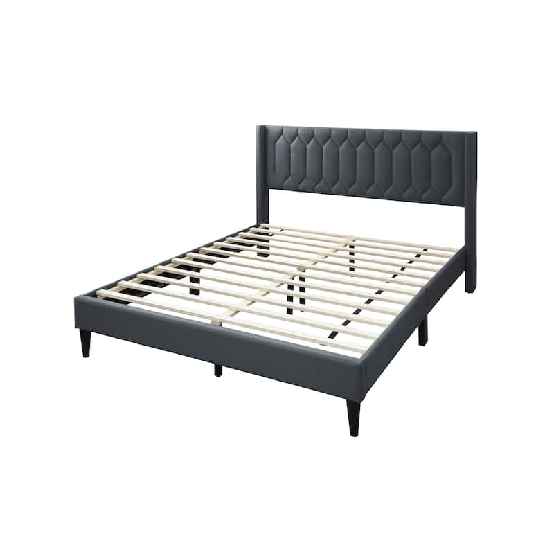 Queen Size Upholstered Platform Bed with Diamond Stitch Headboard and Modern Platform Design
