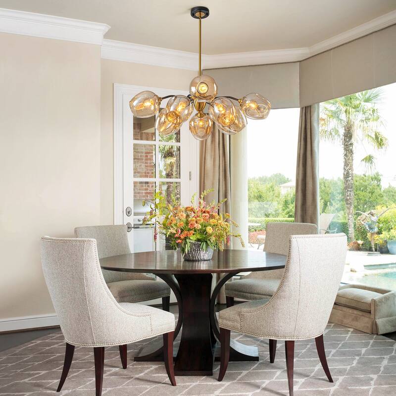 Modern Glam 10-Light Cluster Amber Glass Chandelier - Brass