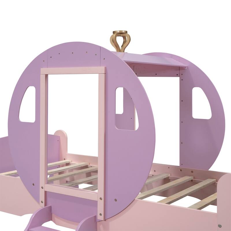 Twin Size Princess Carriage Wood Platform Car Bed with Crown and Stair