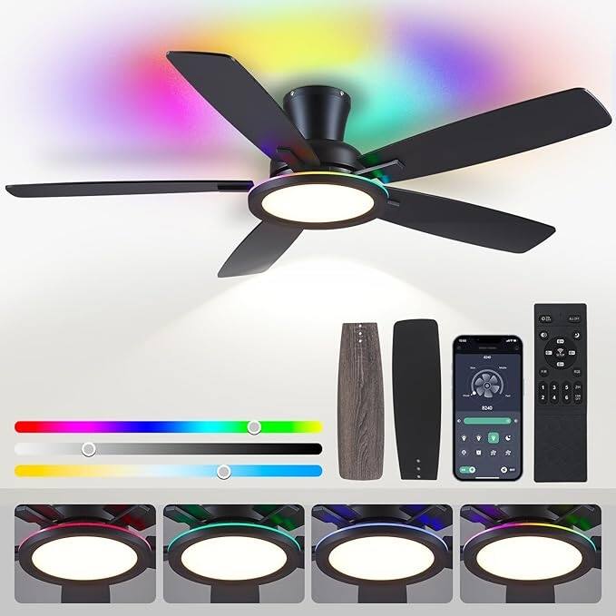 52" Modern Ceiling Fan with Light,Remote and App Control for Bedroom Living Room Patio - 52 Inches - Black-RGB