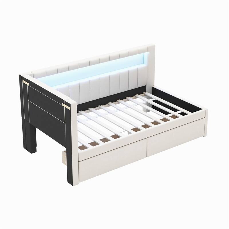 Twin Size L-Shaped Daybed with 2 Storage Drawers & LED Belt, Upholstered Daybed Frame Sofa Bed w/ USB Ports & Storage Headboard