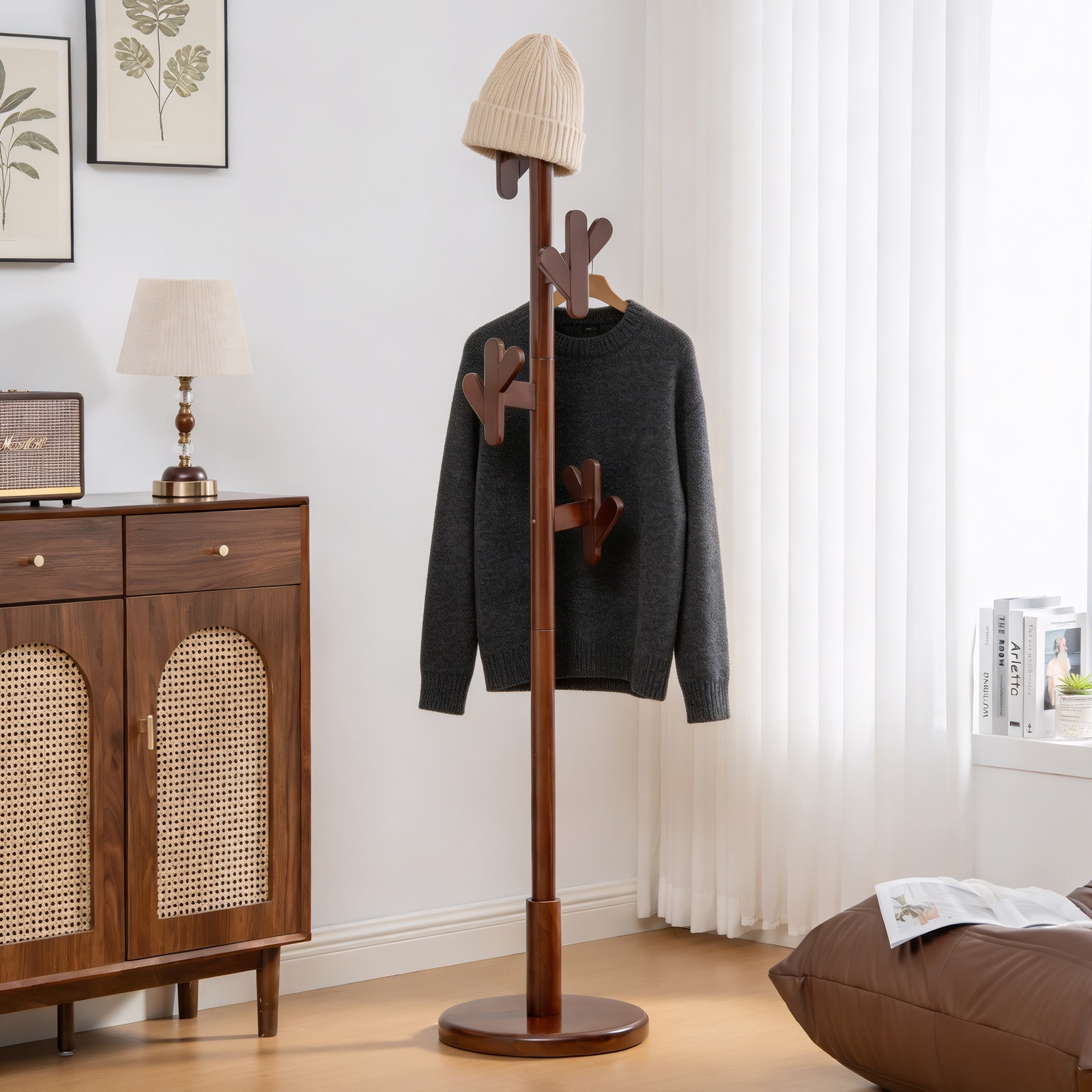 Solid Wood Coat Rack Freestanding Coat Tree Stand with 4 Creative