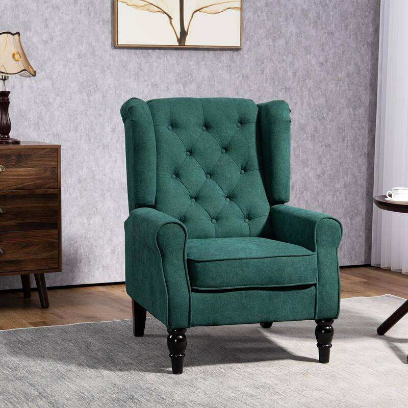 Wingback Accent Chair for Living Room with Round Armrests, Wood Legs - Dark Green