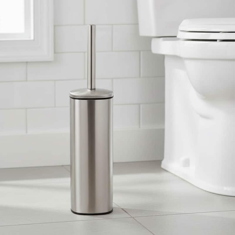 Square Metal Toilet Brush and Holder with Sturdy Handle Splash Guard - 3.12"L x 3.12"W x 15.8"H - Chrome