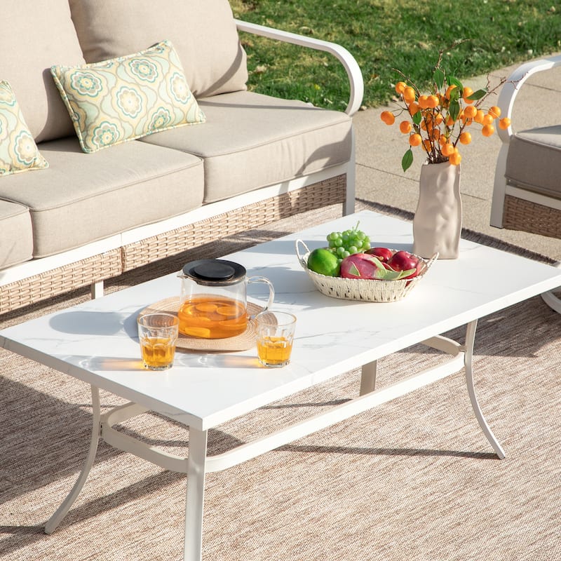 MAISON ARTS 5-Seat Patio Furniture Set, 2 x Cushioned Metal Chair, 1 x 3-Seat Sofa with Marbling Coffee Table
