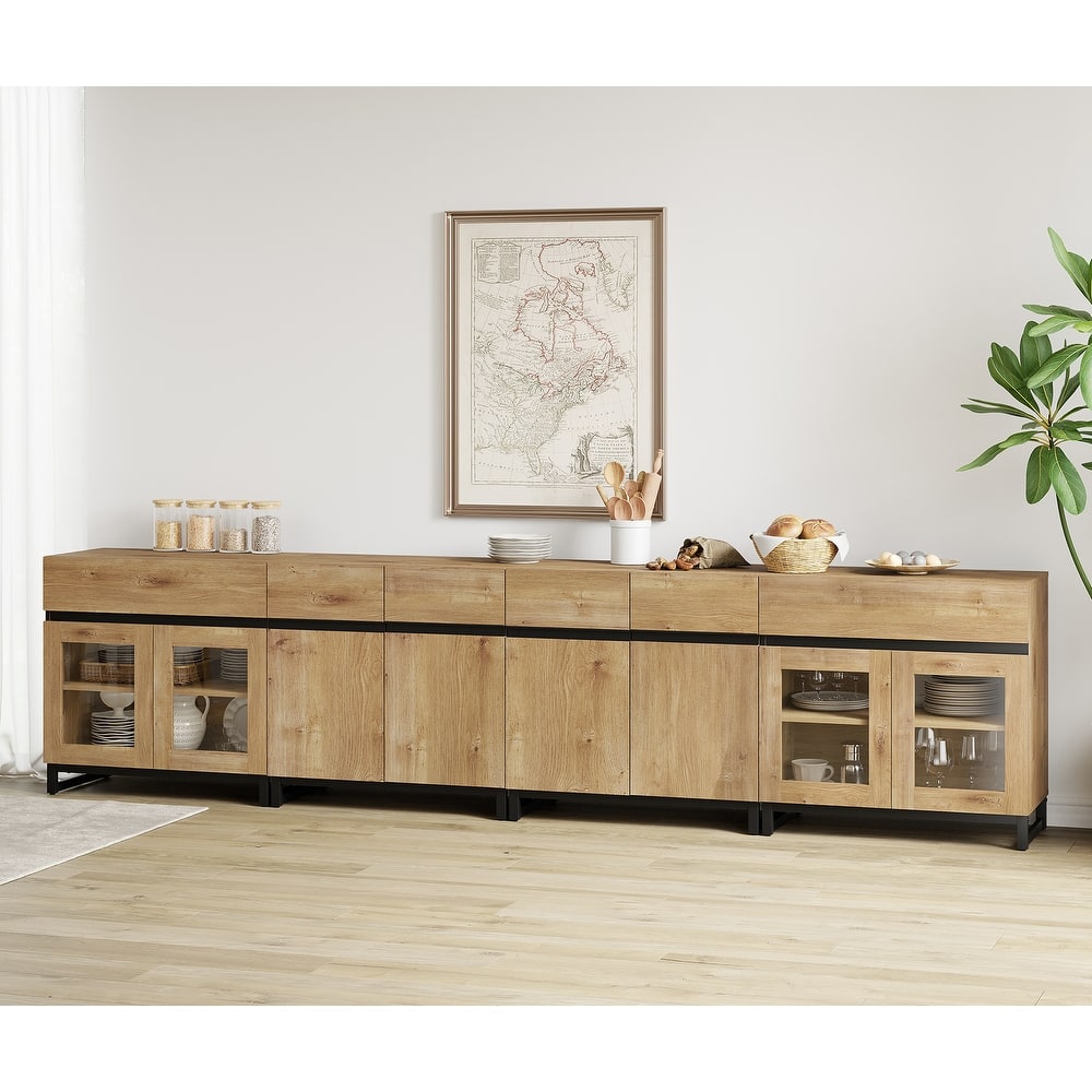 4 in 1 Sideboard Buffet Cabinet with 2 Glass Doors & Drawers, Adjustable Shelf, Metal Base for Living Room, Kitchen