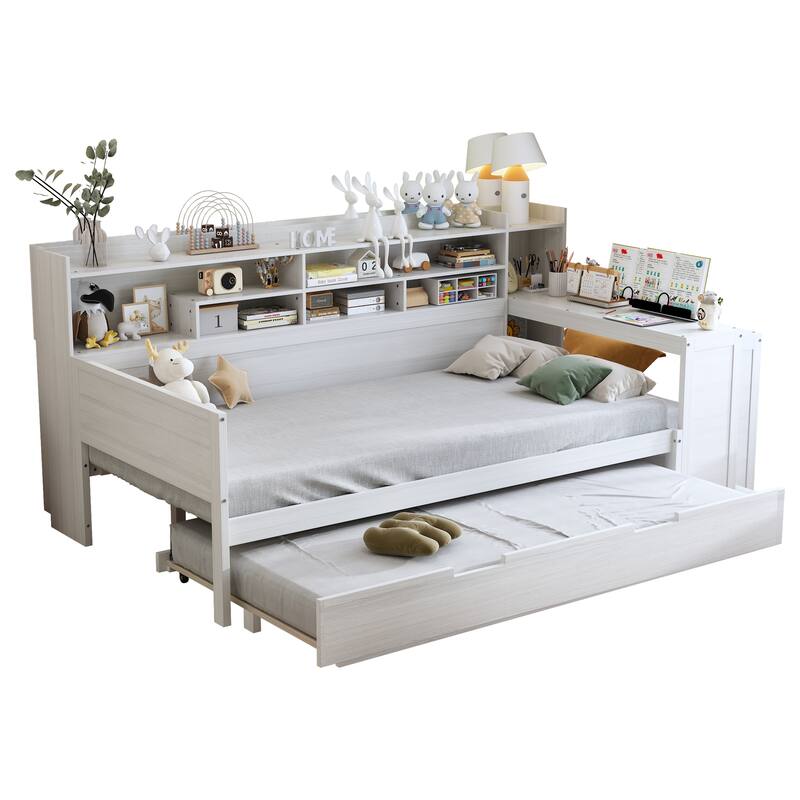 Full Size Daybed with Storage Shelves, Multi-Functional Bed with Twin Trundle and Built-In Study Desk, Space-Saving Design
