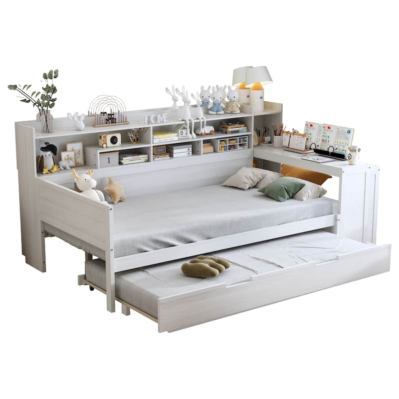 Twin Size Daybed with Storage Shelves, Trundle Bed, and Study Desk