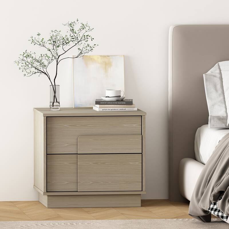 Whitewashed Oak Nightstand with 2 Drawers, Modern Design for Bedroom or Living Room