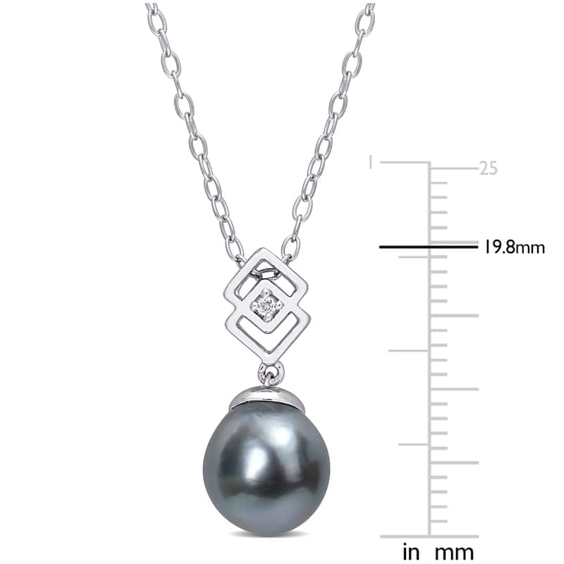 Miadora 8-9mm Black Tahitian Cultured Pearl and White Topaz Lozenge Drop Sterling Silver