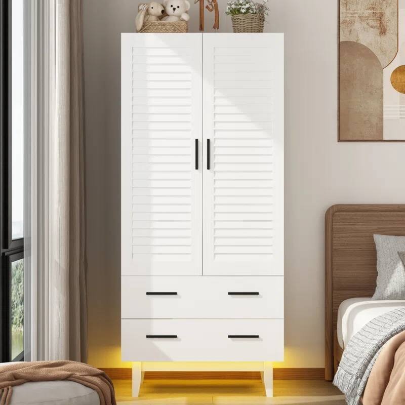 Contemporary Pine Wood Wardrobe with Adjustable Shelves LED Lighting Drawers and Louver Doors - 71'' H X 31.51'' W X 19.72'' D