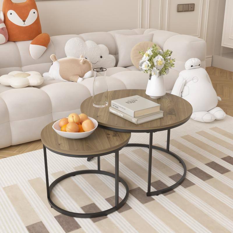 Round Nesting Coffee Table Set of 2 with Marble Pattern Top & Metal Frame