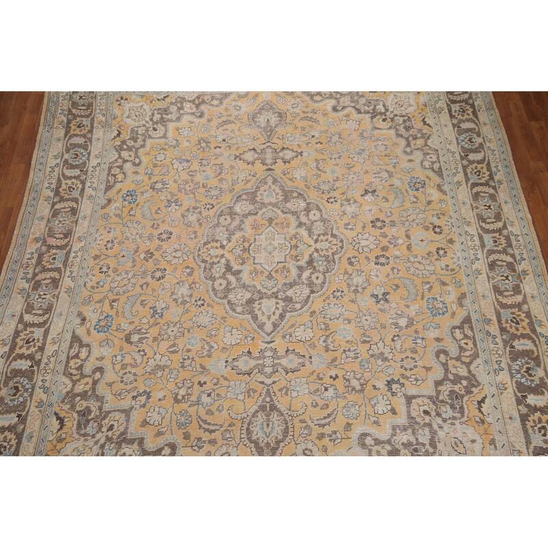 Hand Knotted Oriental 100% Wool Carpet Traditional Floral Yellow & Gold Mashad Area Rug - 12' 5'' X 9' 4''