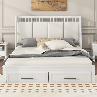 Queen Platform Kids Bed Frame with Upholstered Headboard & Drawers, Antique White