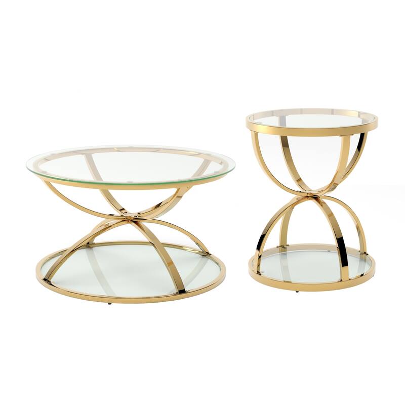 Modern 2 Tiers Glass Coffee Table with Ring-Shaped Metal Frames