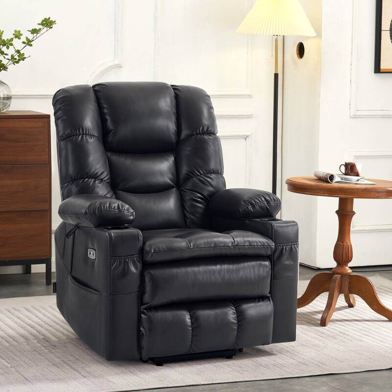MCombo Large Dual Motor Power Lift Recliner Chair with Massage and Dual Heating for Elderly People, Faux Leather 7634 - Black