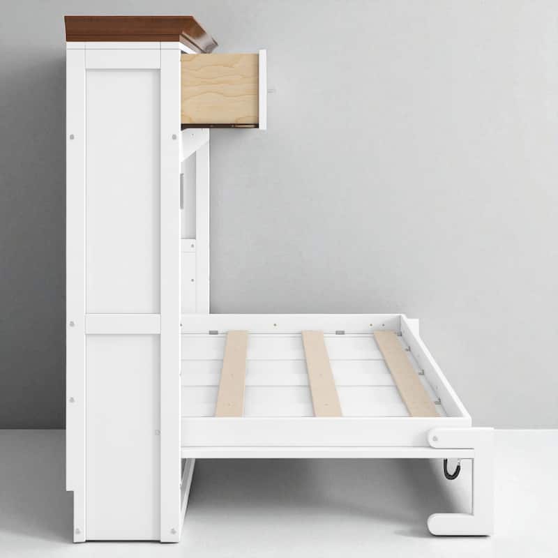 Twin Size Murphy Bed with Storage Cabinet and 3 Drawers, Foldable Wall Bed Frame No Box Spring Needed
