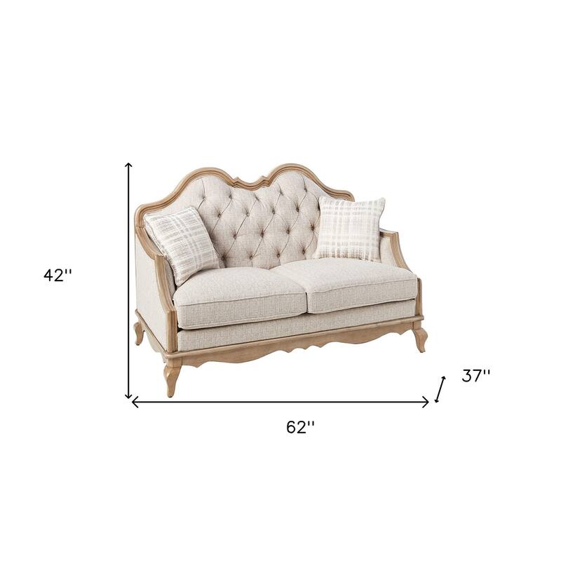 HomeRoots 62" Beige And Brown Linen Loveseat and Toss Pillows