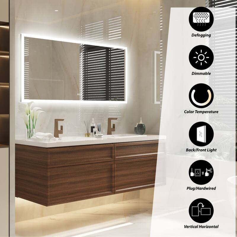 Wall Mounted Bathroom Frameless With Back/Front Light LED Mirror,Anti-fog