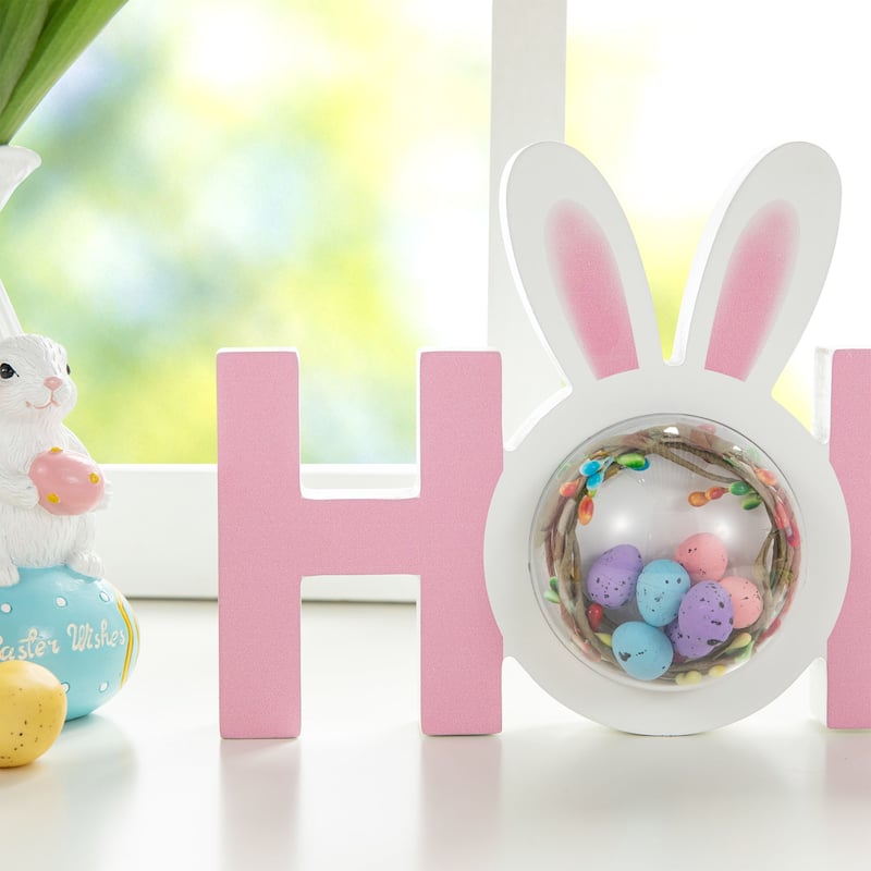 Glitzhome Wooden EASTER HOP Happy Easter with Artificial Rattan Table Sign Decor Centerpiece